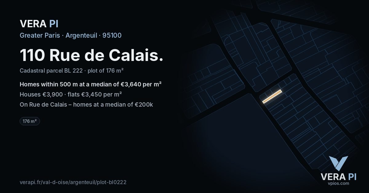 110 Rue de Calais, Argenteuil at night – the plot lit, the parcels around coloured by the prices near them