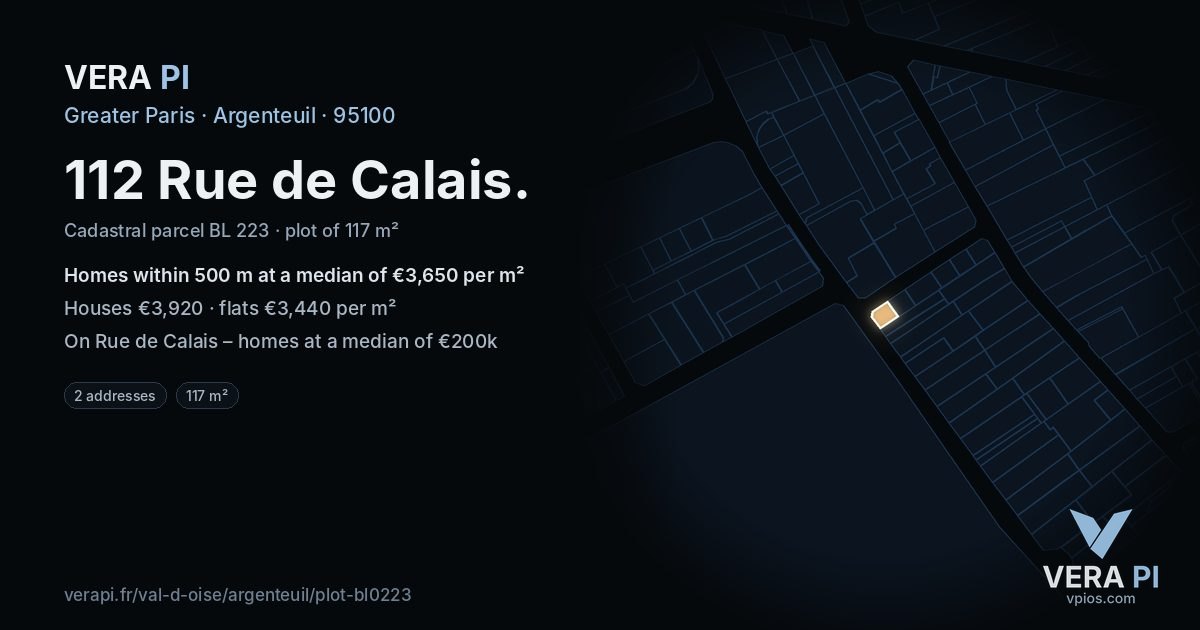 112 Rue de Calais, Argenteuil at night – the plot lit, the parcels around coloured by the prices near them