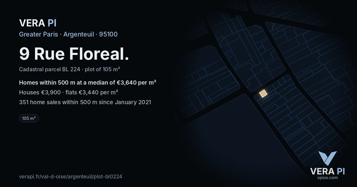 9 Rue Floreal, Argenteuil at night – the plot lit, the parcels around coloured by the prices near them