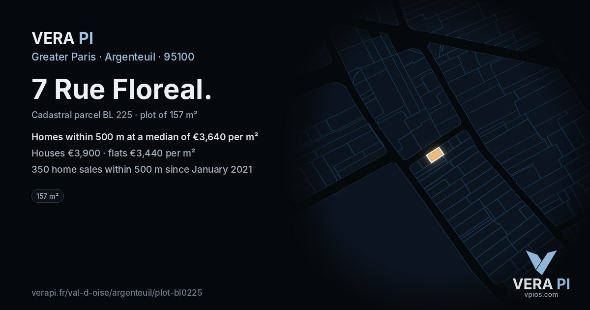 7 Rue Floreal, Argenteuil at night – the plot lit, the parcels around coloured by the prices near them