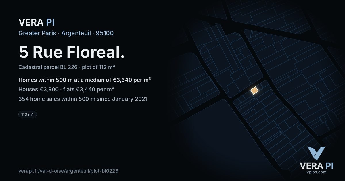 5 Rue Floreal, Argenteuil at night – the plot lit, the parcels around coloured by the prices near them