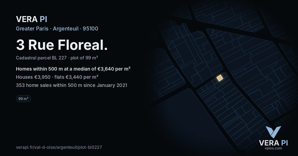 3 Rue Floreal, Argenteuil at night – the plot lit, the parcels around coloured by the prices near them