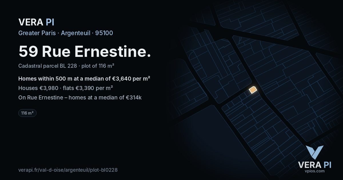 59 Rue Ernestine, Argenteuil at night – the plot lit, the parcels around coloured by the prices near them