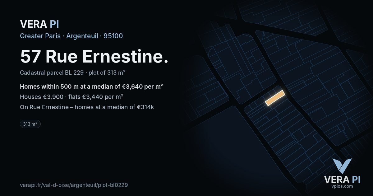 57 Rue Ernestine, Argenteuil at night – the plot lit, the parcels around coloured by the prices near them
