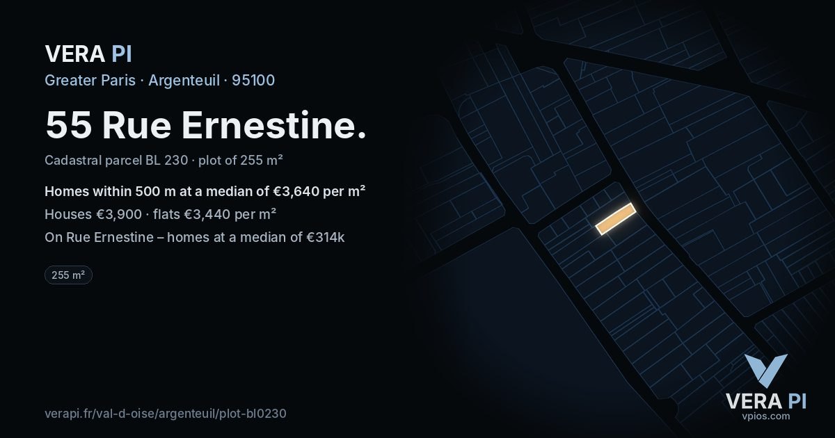 55 Rue Ernestine, Argenteuil at night – the plot lit, the parcels around coloured by the prices near them