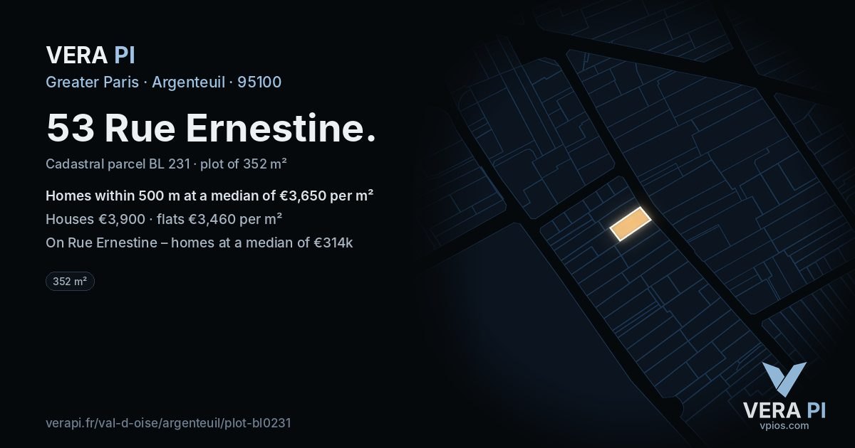 53 Rue Ernestine, Argenteuil at night – the plot lit, the parcels around coloured by the prices near them
