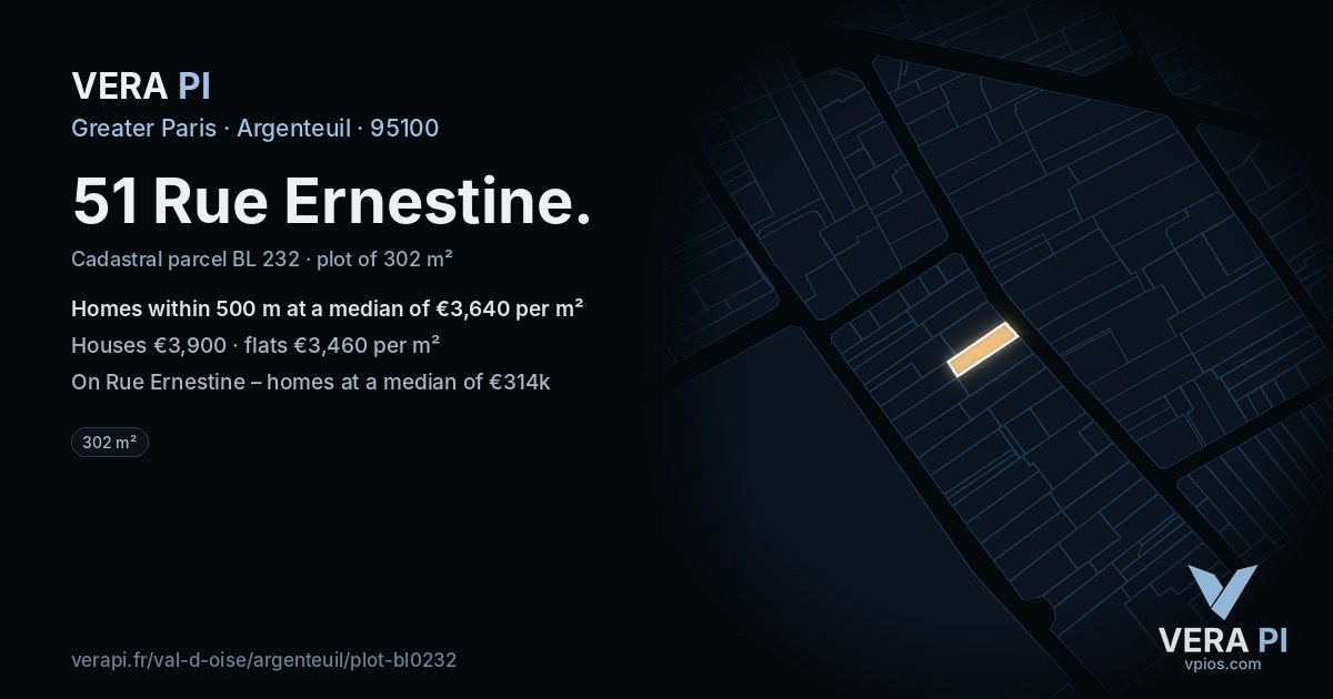51 Rue Ernestine, Argenteuil at night – the plot lit, the parcels around coloured by the prices near them