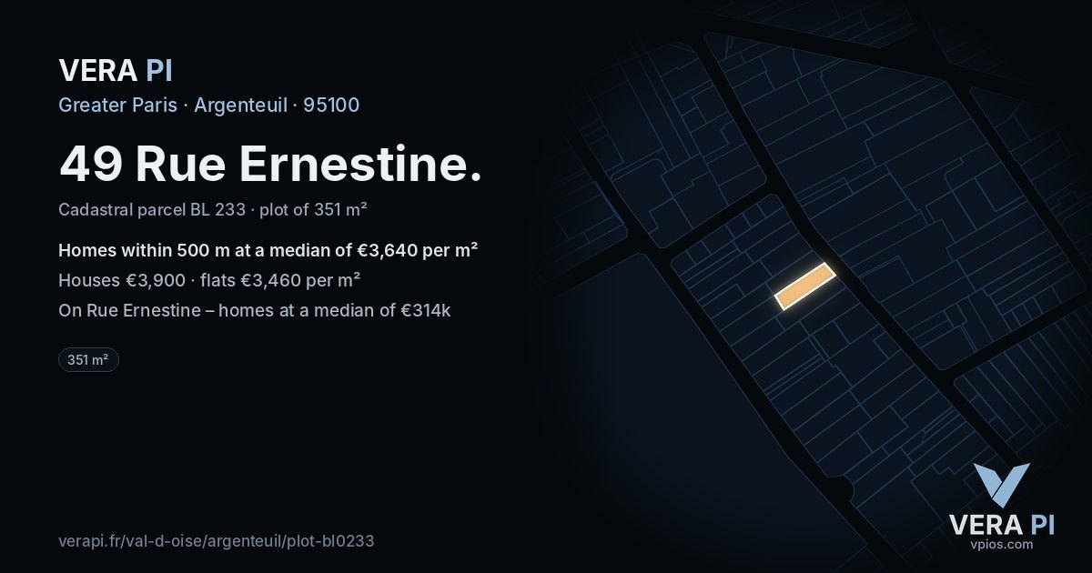 49 Rue Ernestine, Argenteuil at night – the plot lit, the parcels around coloured by the prices near them