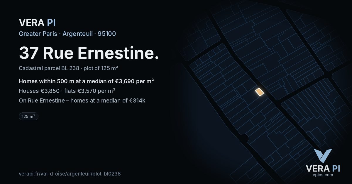 37 Rue Ernestine, Argenteuil at night – the plot lit, the parcels around coloured by the prices near them