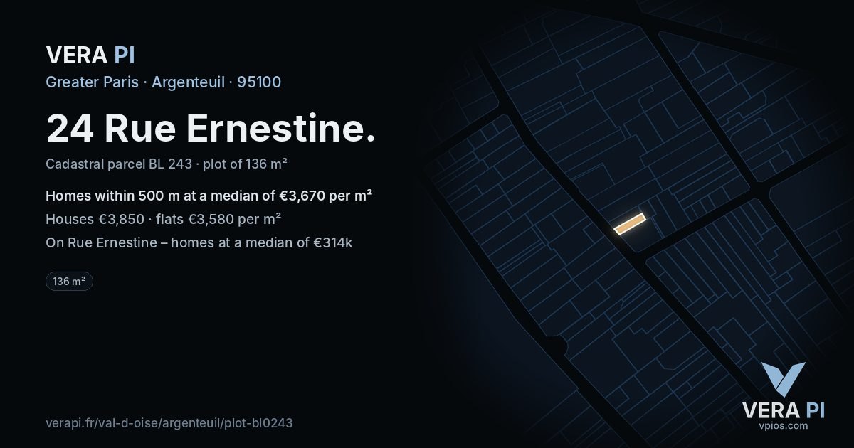 24 Rue Ernestine, Argenteuil at night – the plot lit, the parcels around coloured by the prices near them