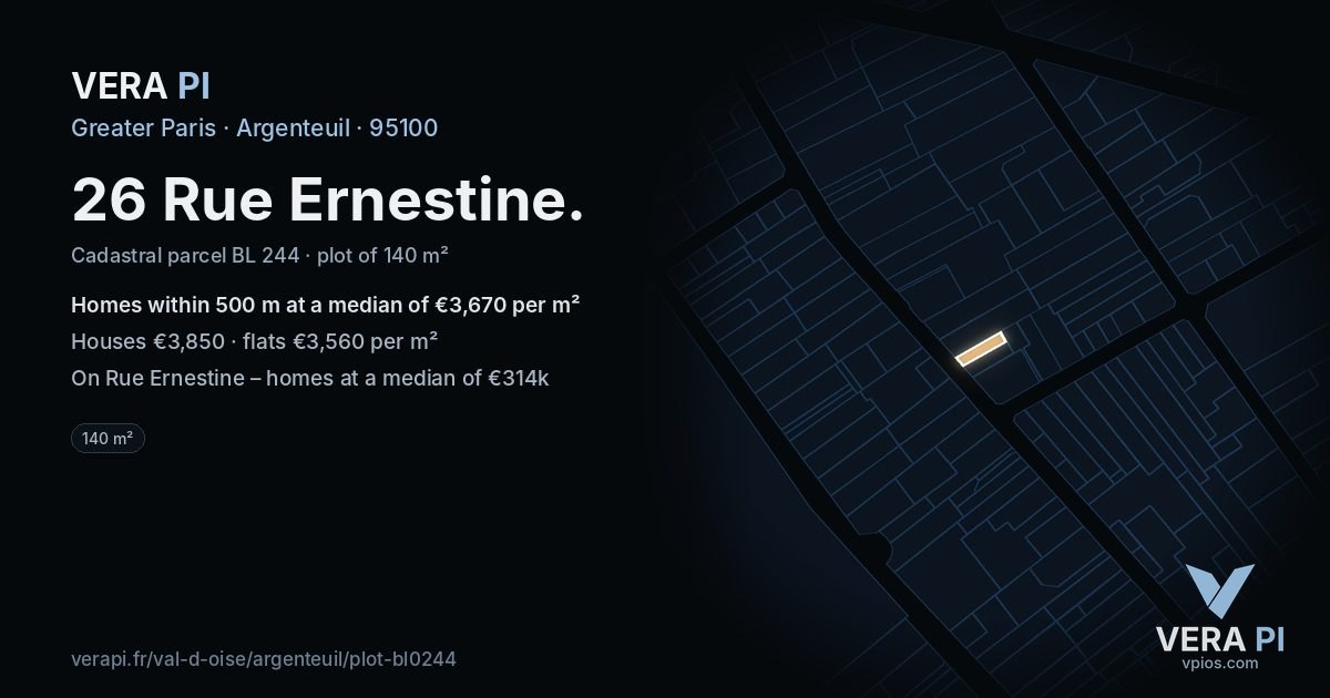 26 Rue Ernestine, Argenteuil at night – the plot lit, the parcels around coloured by the prices near them