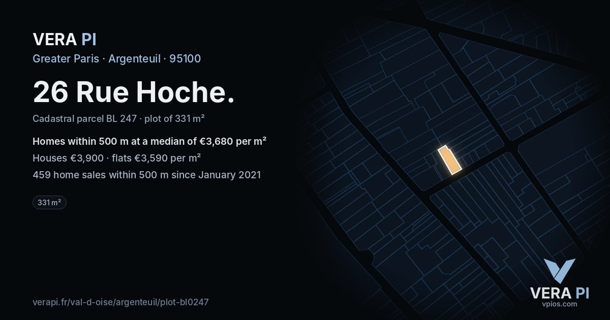 26 Rue Hoche, Argenteuil at night – the plot lit, the parcels around coloured by the prices near them