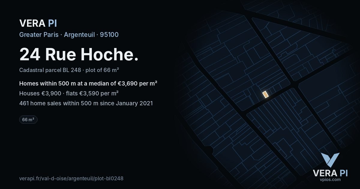 24 Rue Hoche, Argenteuil at night – the plot lit, the parcels around coloured by the prices near them