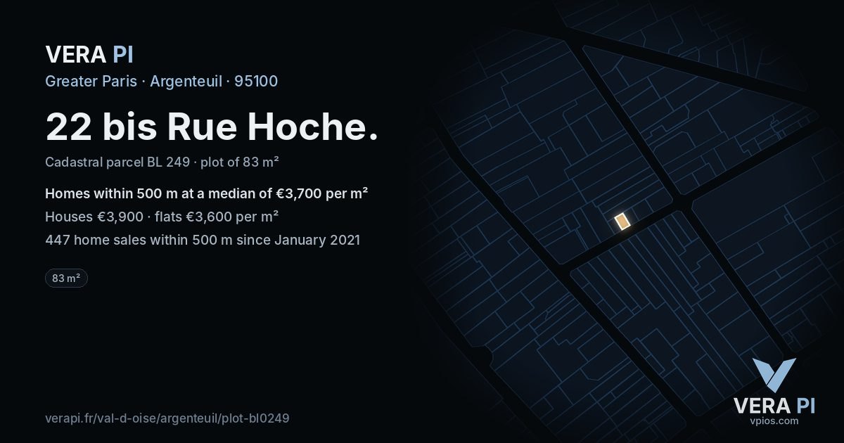 22 bis Rue Hoche, Argenteuil at night – the plot lit, the parcels around coloured by the prices near them