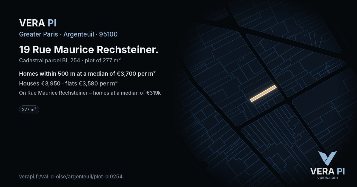19 Rue Maurice Rechsteiner, Argenteuil at night – the plot lit, the parcels around coloured by the prices near them