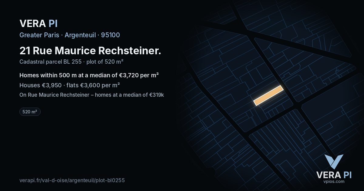 21 Rue Maurice Rechsteiner, Argenteuil at night – the plot lit, the parcels around coloured by the prices near them