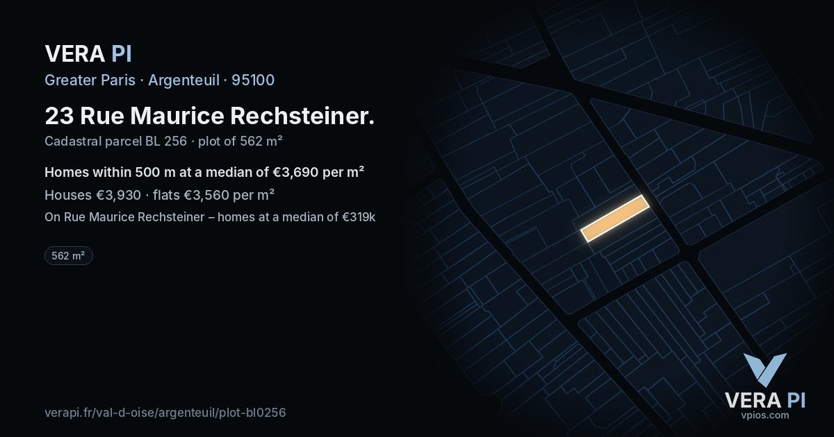 23 Rue Maurice Rechsteiner, Argenteuil at night – the plot lit, the parcels around coloured by the prices near them