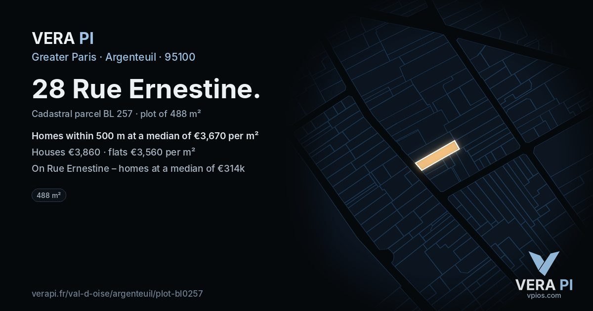28 Rue Ernestine, Argenteuil at night – the plot lit, the parcels around coloured by the prices near them