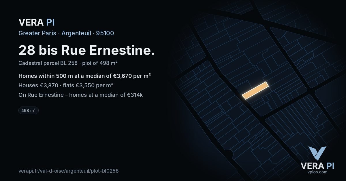 28 bis Rue Ernestine, Argenteuil at night – the plot lit, the parcels around coloured by the prices near them