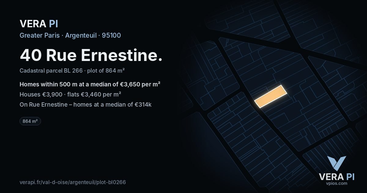 40 Rue Ernestine, Argenteuil at night – the plot lit, the parcels around coloured by the prices near them
