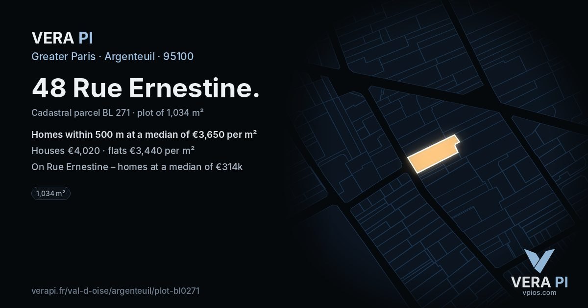 48 Rue Ernestine, Argenteuil at night – the plot lit, the parcels around coloured by the prices near them