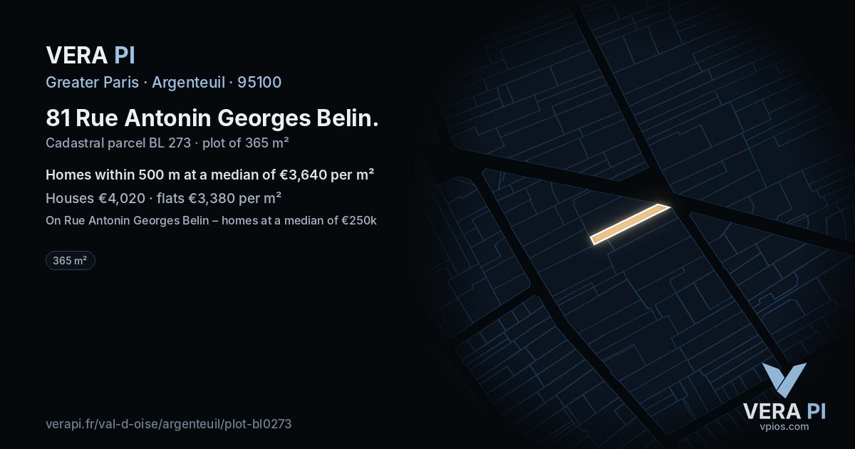 81 Rue Antonin Georges Belin, Argenteuil at night – the plot lit, the parcels around coloured by the prices near them