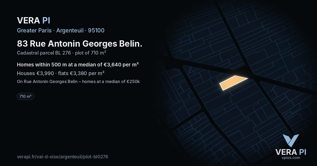 83 Rue Antonin Georges Belin, Argenteuil at night – the plot lit, the parcels around coloured by the prices near them
