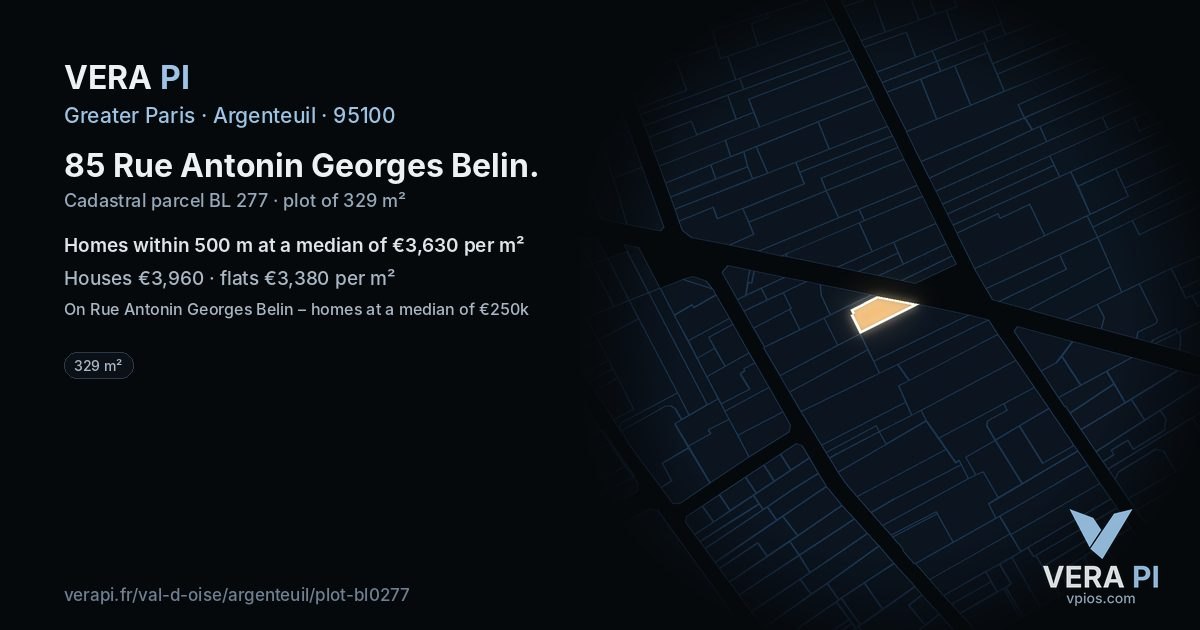 85 Rue Antonin Georges Belin, Argenteuil at night – the plot lit, the parcels around coloured by the prices near them
