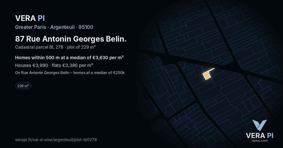 87 Rue Antonin Georges Belin, Argenteuil at night – the plot lit, the parcels around coloured by the prices near them