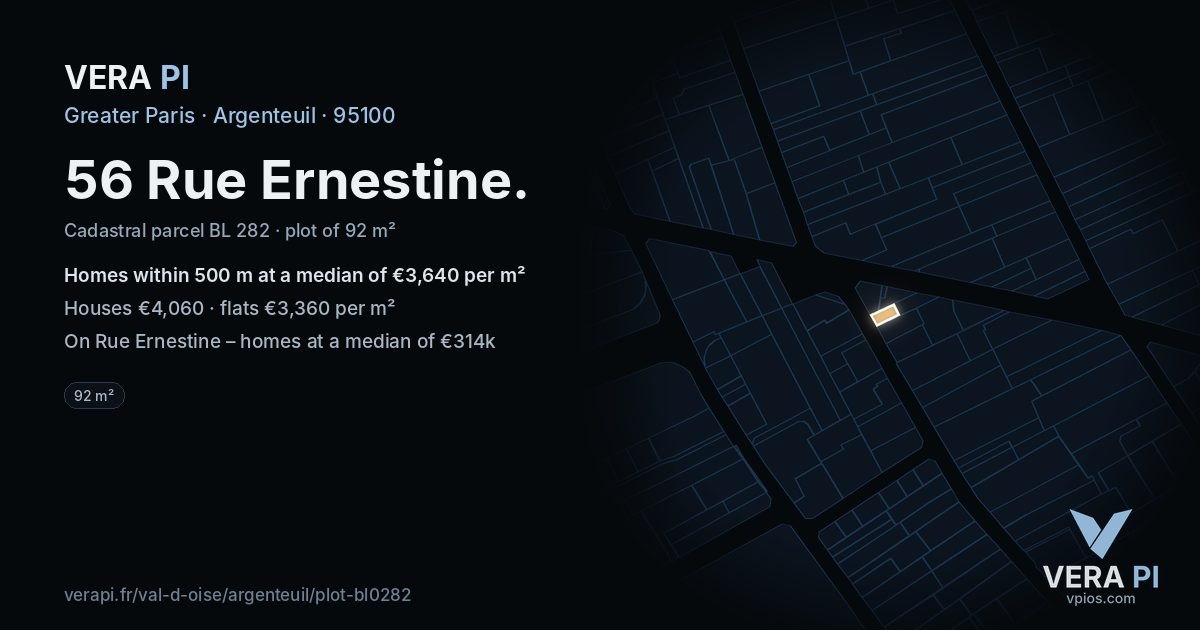 56 Rue Ernestine, Argenteuil at night – the plot lit, the parcels around coloured by the prices near them