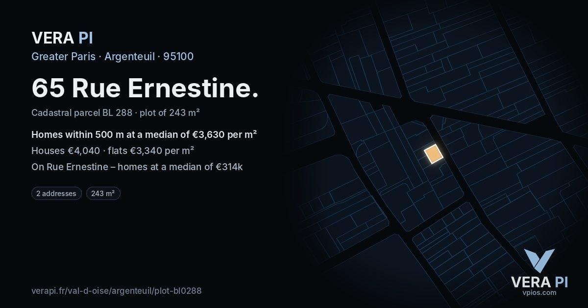 65 Rue Ernestine, Argenteuil at night – the plot lit, the parcels around coloured by the prices near them