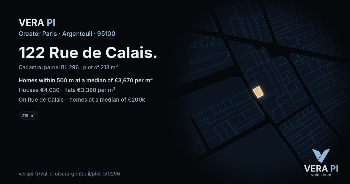 122 Rue de Calais, Argenteuil at night – the plot lit, the parcels around coloured by the prices near them