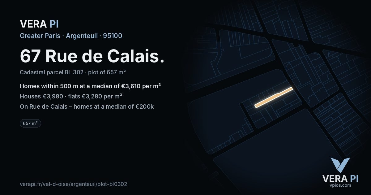 67 Rue de Calais, Argenteuil at night – the plot lit, the parcels around coloured by the prices near them