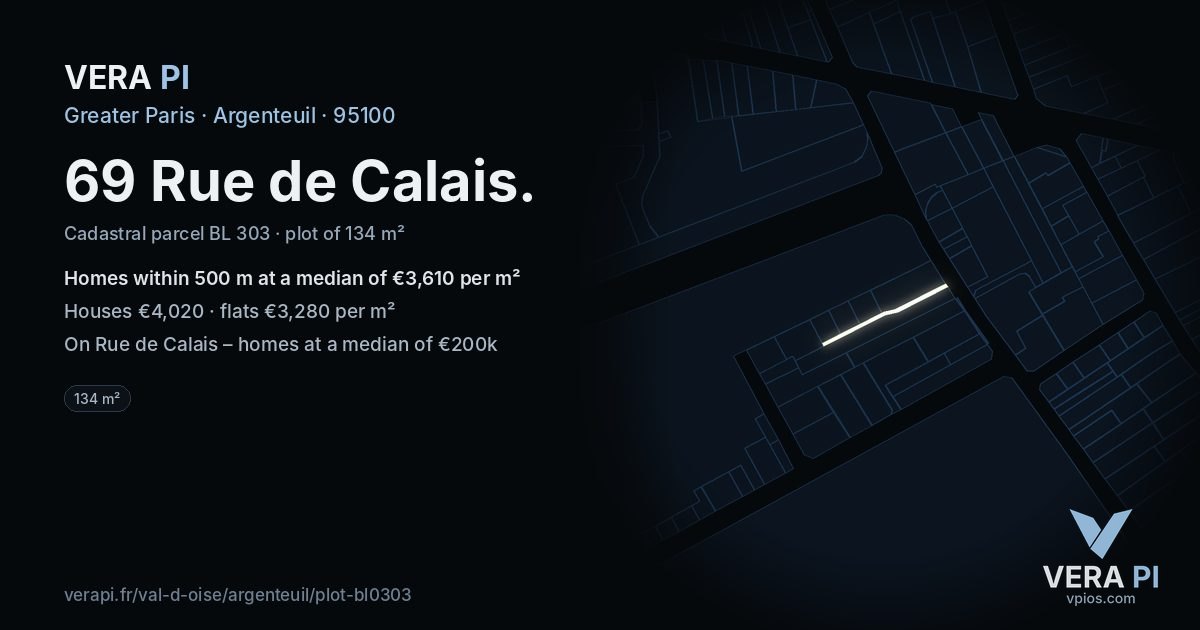 69 Rue de Calais, Argenteuil at night – the plot lit, the parcels around coloured by the prices near them