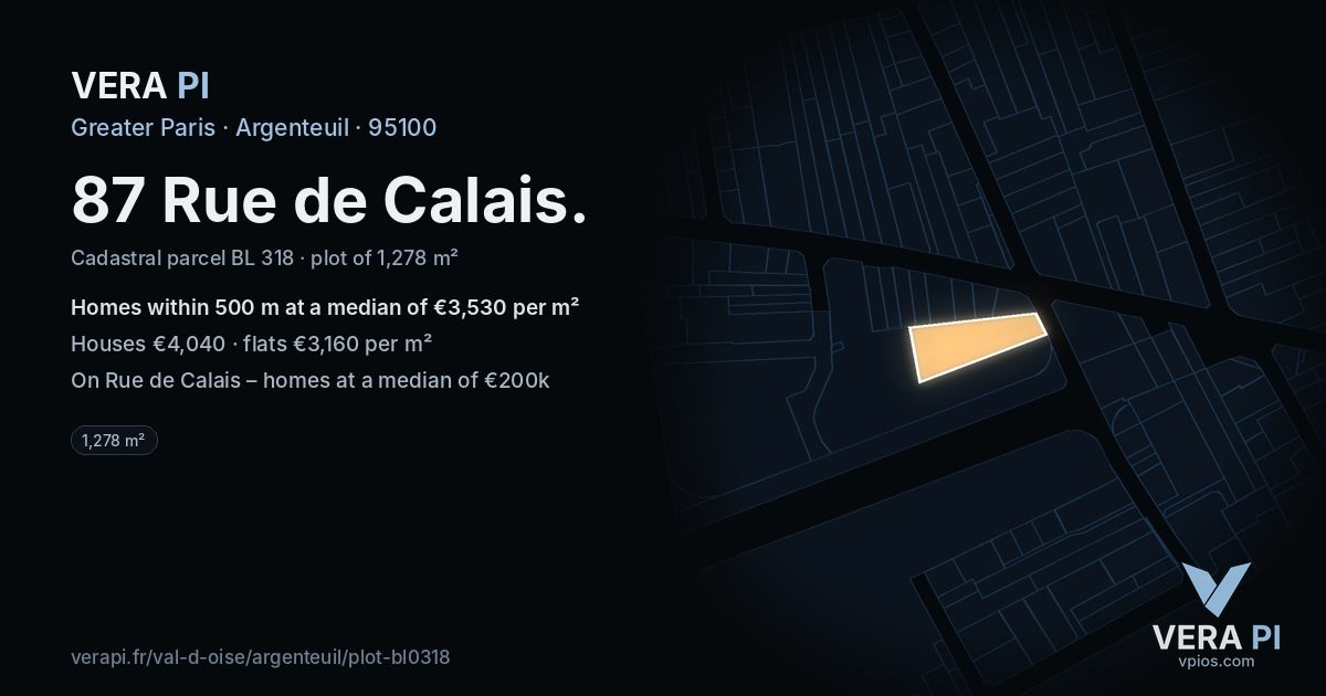 87 Rue de Calais, Argenteuil at night – the plot lit, the parcels around coloured by the prices near them
