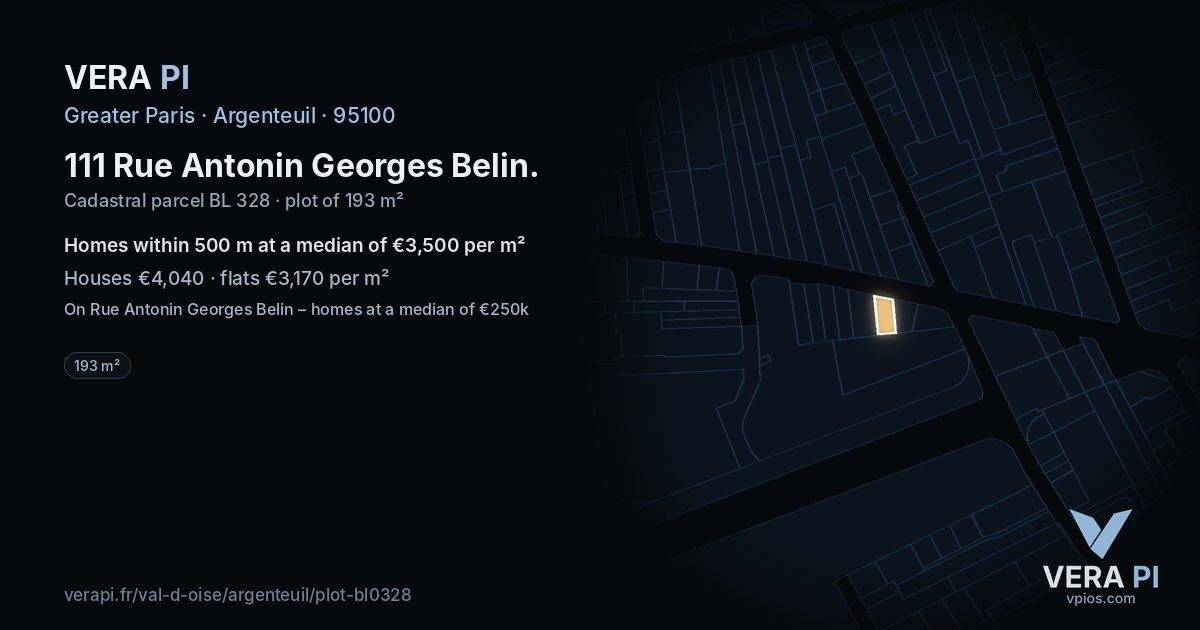 111 Rue Antonin Georges Belin, Argenteuil at night – the plot lit, the parcels around coloured by the prices near them