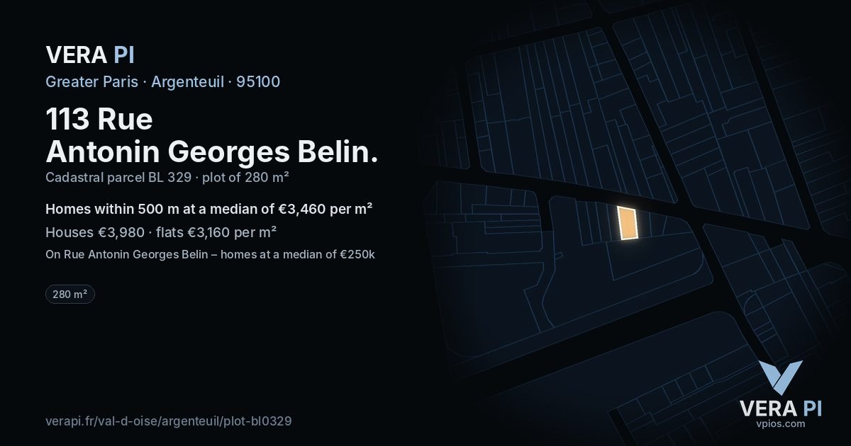 113 Rue Antonin Georges Belin, Argenteuil at night – the plot lit, the parcels around coloured by the prices near them