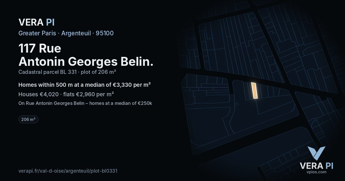 117 Rue Antonin Georges Belin, Argenteuil at night – the plot lit, the parcels around coloured by the prices near them