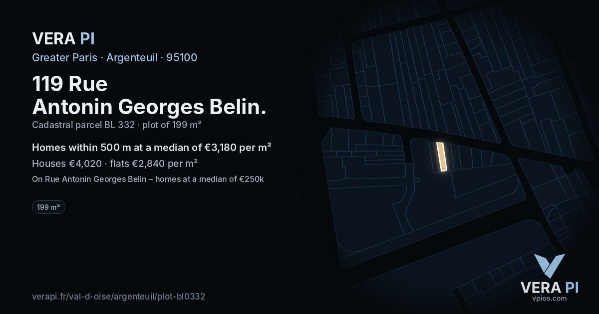 119 Rue Antonin Georges Belin, Argenteuil at night – the plot lit, the parcels around coloured by the prices near them