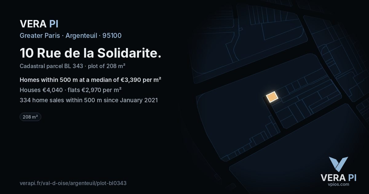 10 Rue de la Solidarite, Argenteuil at night – the plot lit, the parcels around coloured by the prices near them