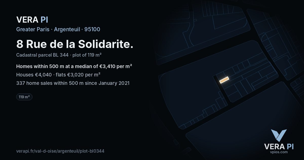 8 Rue de la Solidarite, Argenteuil at night – the plot lit, the parcels around coloured by the prices near them
