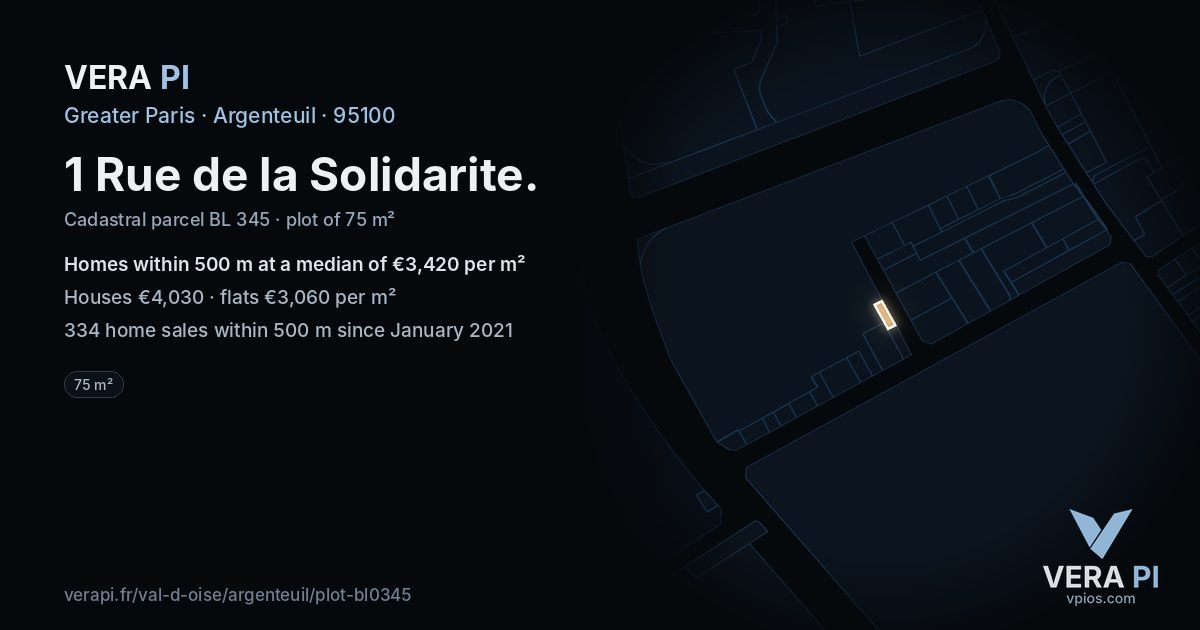 1 Rue de la Solidarite, Argenteuil at night – the plot lit, the parcels around coloured by the prices near them