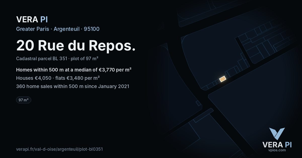 20 Rue du Repos, Argenteuil at night – the plot lit, the parcels around coloured by the prices near them