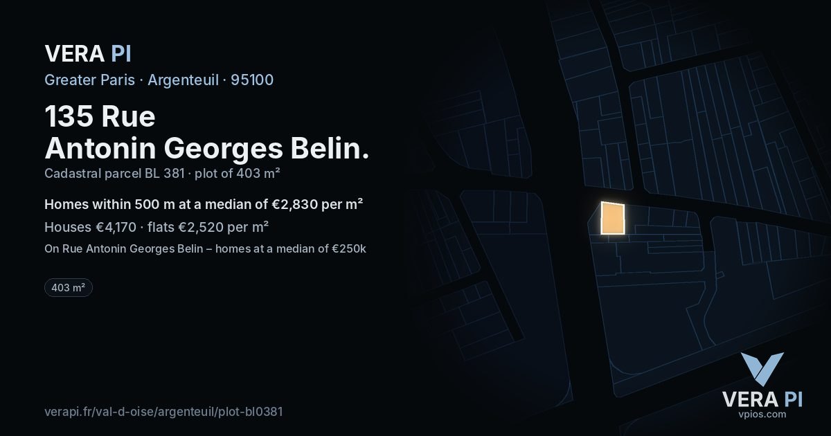 135 Rue Antonin Georges Belin, Argenteuil at night – the plot lit, the parcels around coloured by the prices near them