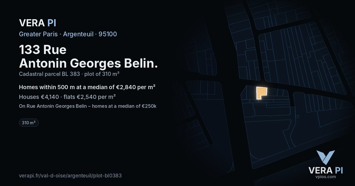 133 Rue Antonin Georges Belin, Argenteuil at night – the plot lit, the parcels around coloured by the prices near them