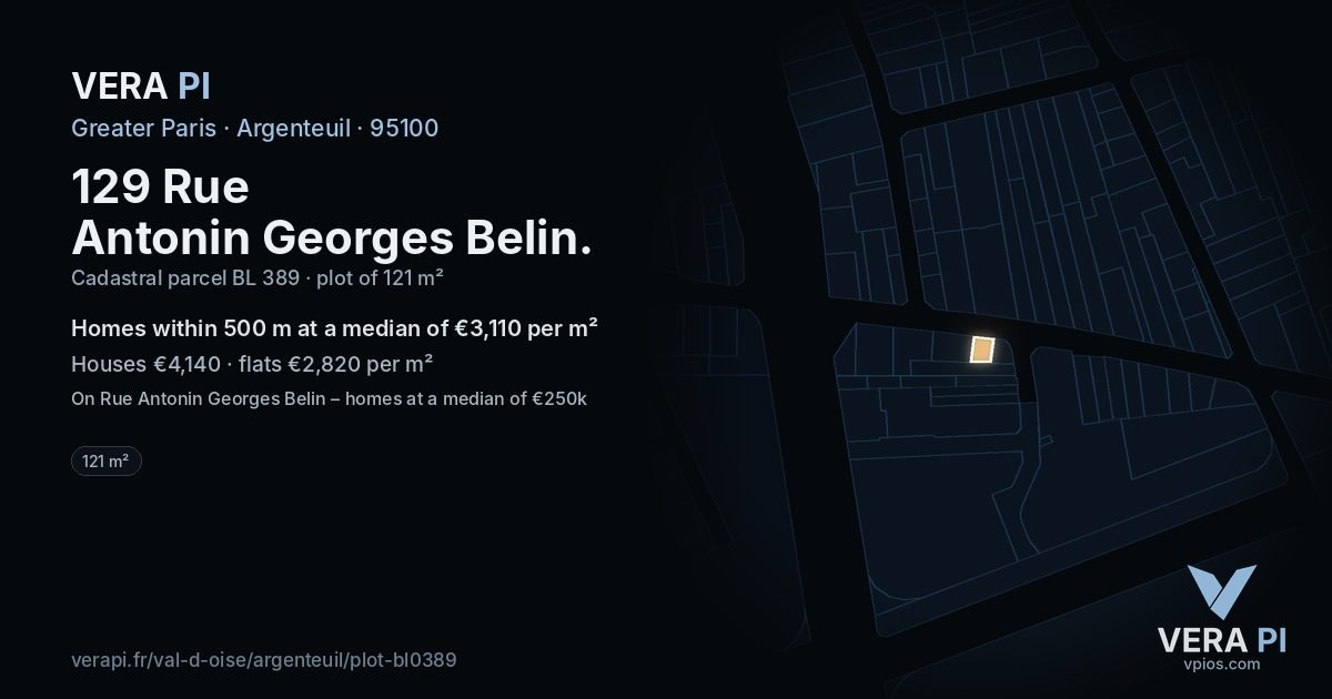 129 Rue Antonin Georges Belin, Argenteuil at night – the plot lit, the parcels around coloured by the prices near them