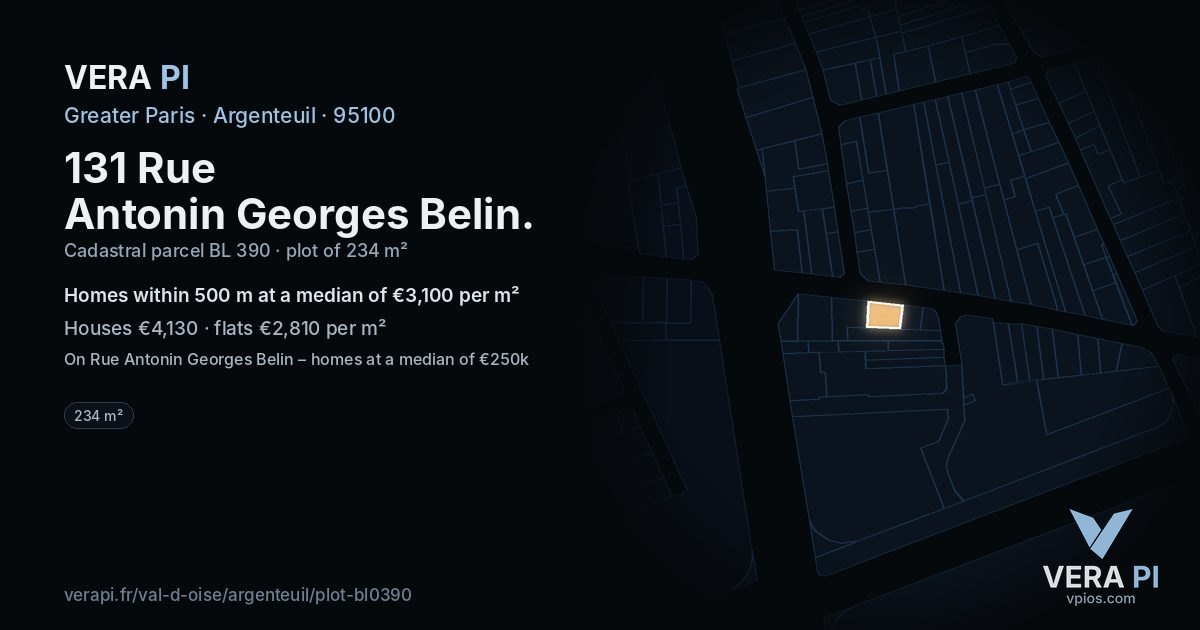 131 Rue Antonin Georges Belin, Argenteuil at night – the plot lit, the parcels around coloured by the prices near them