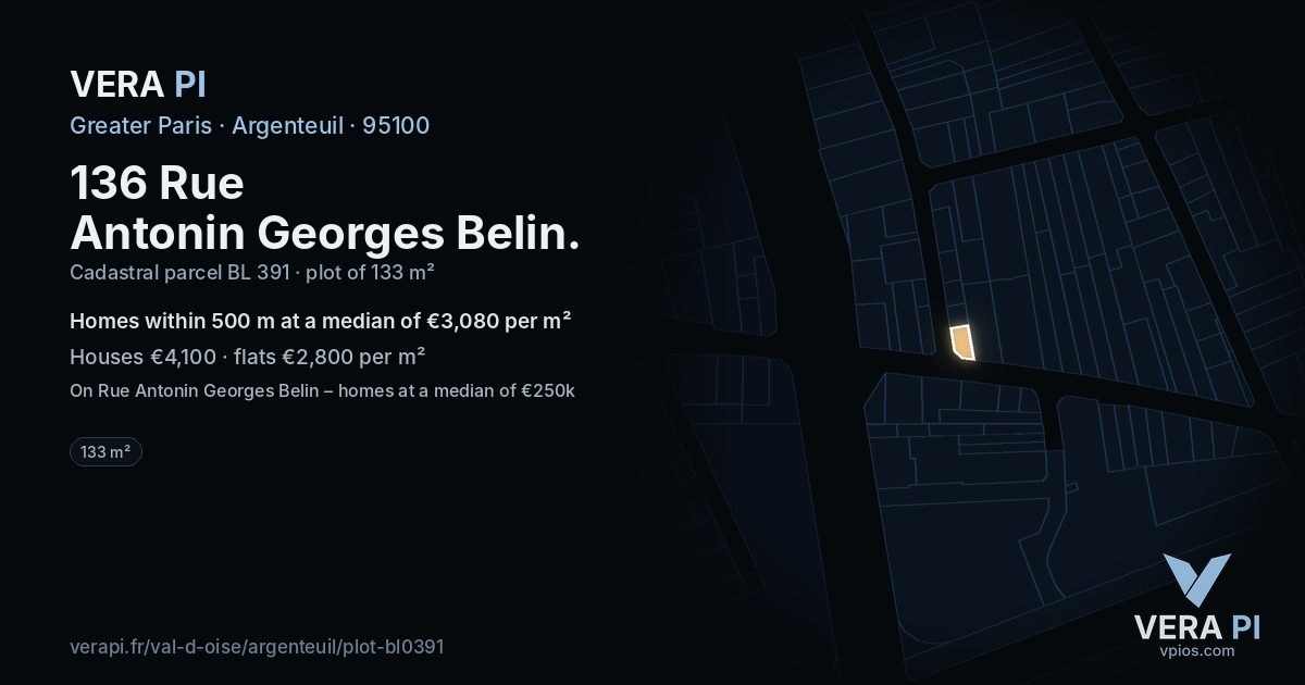 136 Rue Antonin Georges Belin, Argenteuil at night – the plot lit, the parcels around coloured by the prices near them