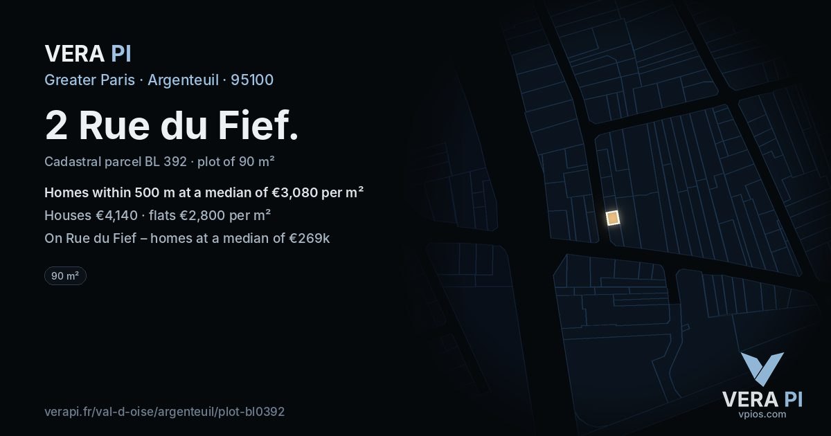 2 Rue du Fief, Argenteuil at night – the plot lit, the parcels around coloured by the prices near them