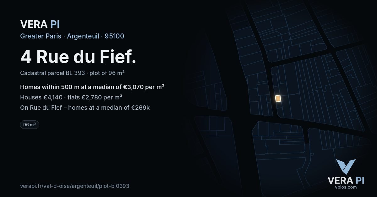 4 Rue du Fief, Argenteuil at night – the plot lit, the parcels around coloured by the prices near them